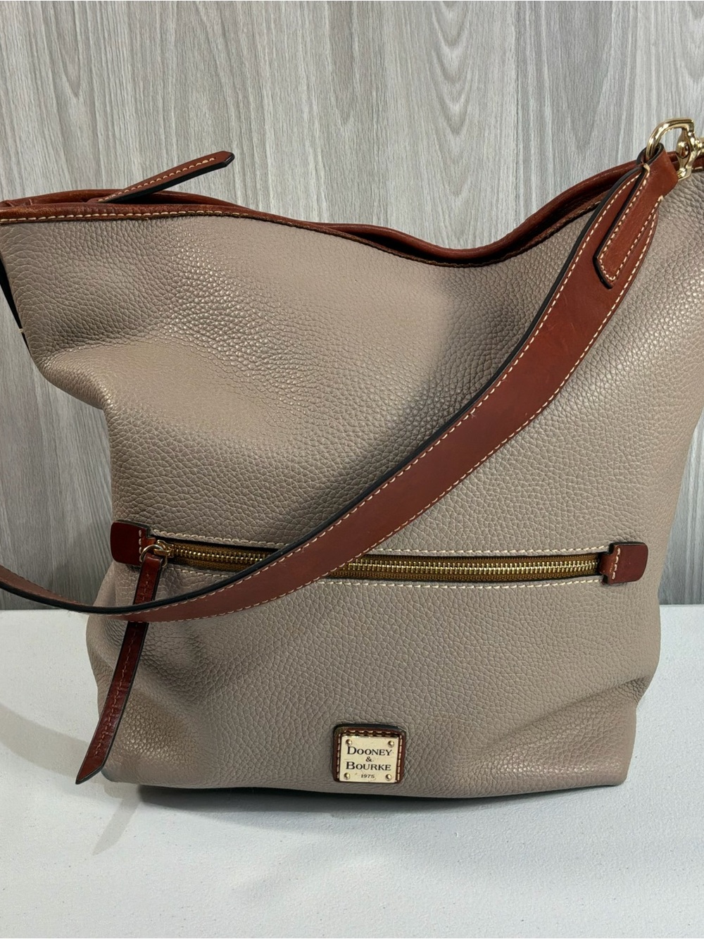 Dooney & Bourke Hobo Taupe Pebble Grain Leather Large Shoulder Bag Slouchy Hobo